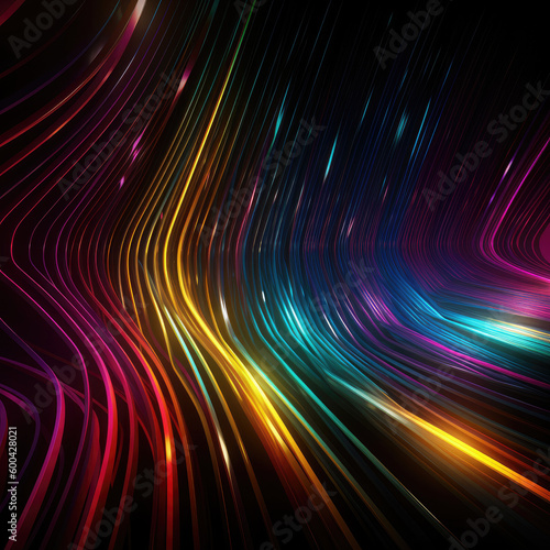 Abstract lines in bright neon colors on black background. AI generated