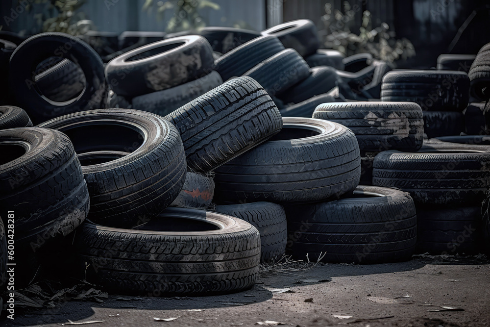 Stack Of Worn Out Tires In Scrap Yard. Generative AI