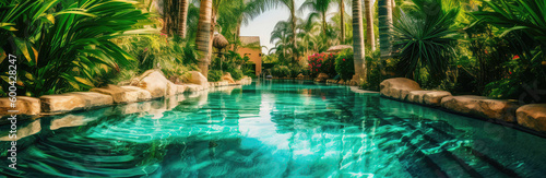 Scenic Pool With Blue Water And Palm Trees Summer Oasis. Panoramic Banner. Generative AI