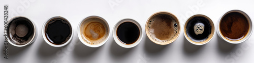 Set Of Cups Of Different Black Coffee On White Background, Top View. Panoramic Banner. Generative AI