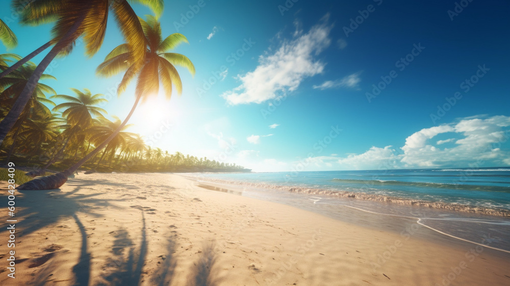 Beach with palm trees and white sand in a sunny day