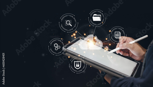 Businessman using tablet to connect to the internet around the world, Cloud database storage Global Internet Connectivity Application Technology for Business Digital Marketing and Finance