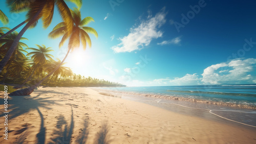 Beach with palm trees and white sand in a sunny day