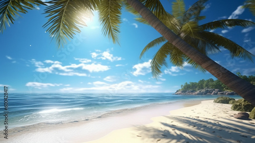 Beach with palm trees and white sand in a sunny day