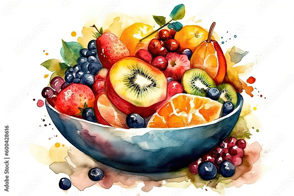 Watercolor Drawing Fruit Salad On White Background. Generative AI Stock ...