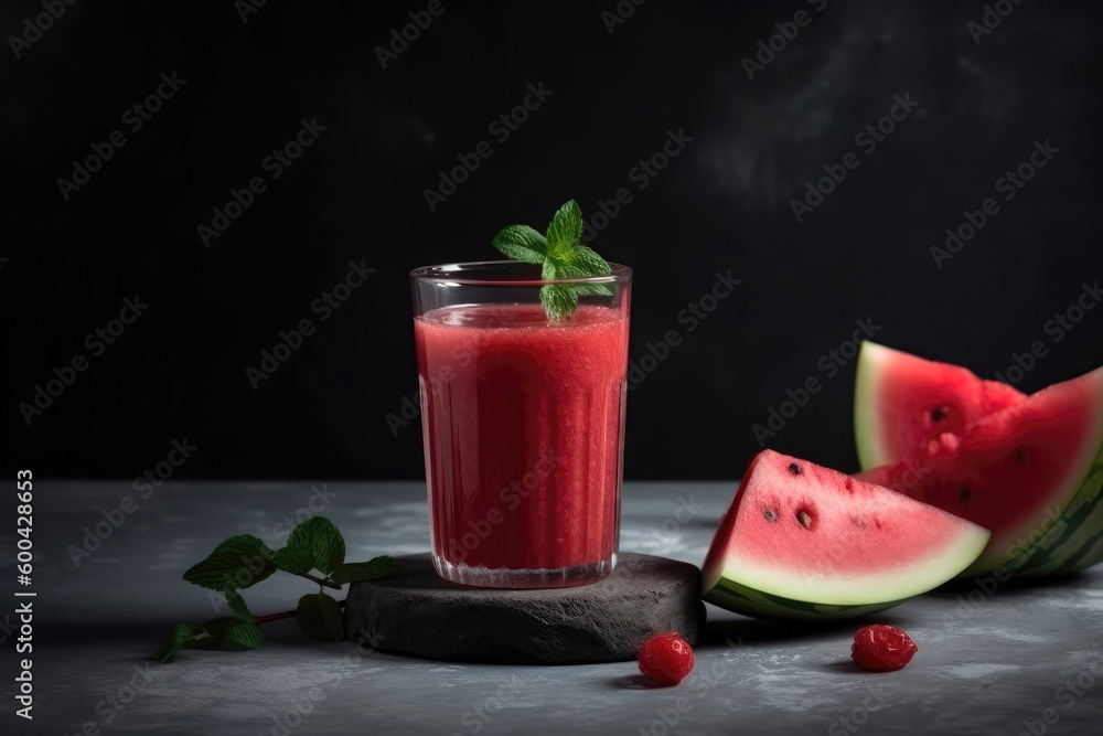 Watermelon Smoothie On Black Background. Generative AI Watermelon Smoothie On Black Background. Generative AI