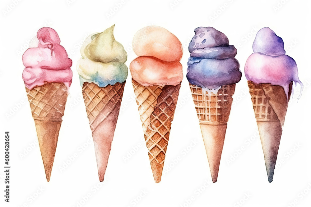 Watercolor Drawing Ice Cream On White Background. Generative AI