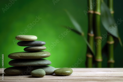 Zen Stones Stacked On Top Of Each Other Standing On Green Background With Bamboo Leaves Copy Space. Generative AI