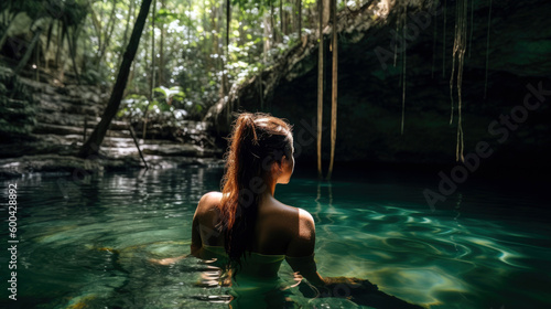 woman bathing in a rainforest lake, Generative AI
