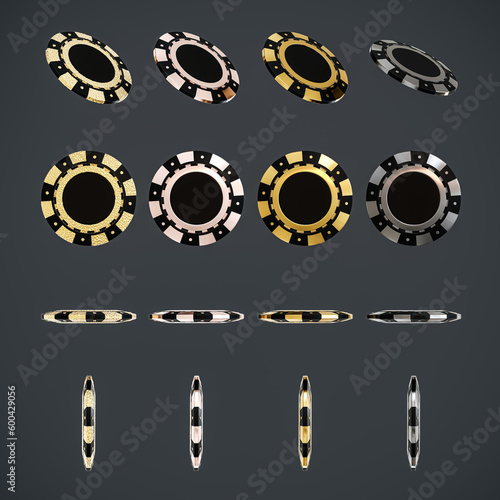 Poker chip, gold silver and black poker chip isolated on dark background and top front right left view. Win money on a lucky night at the casino. 3d rendering
