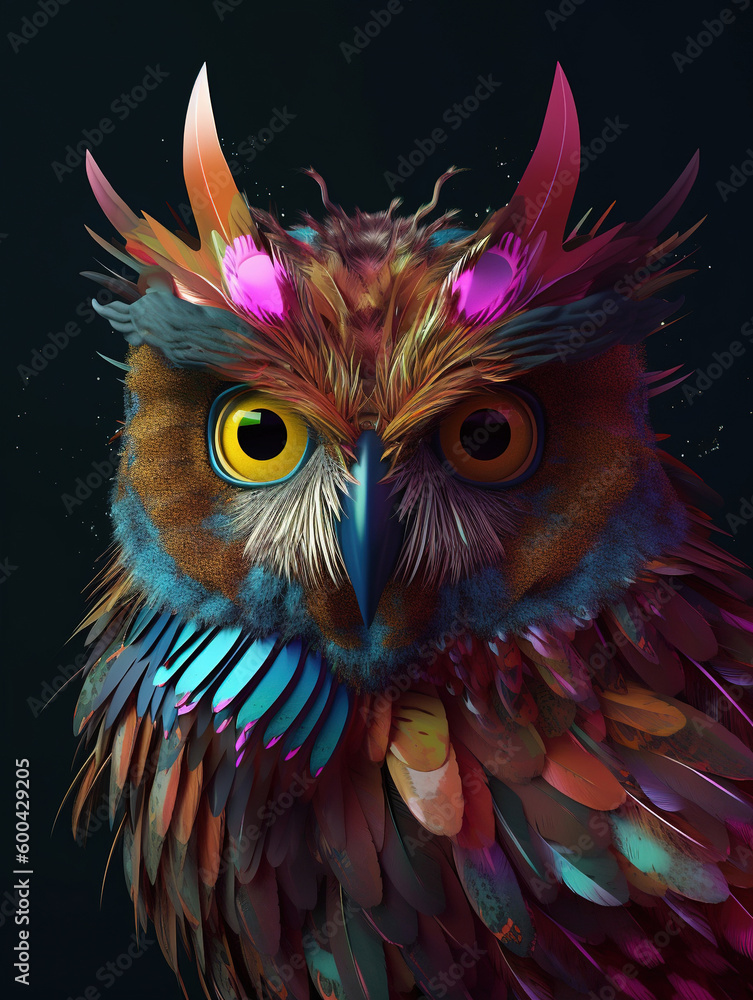 Owl psychedelic colour illustration with surreal feather. Generative AI.