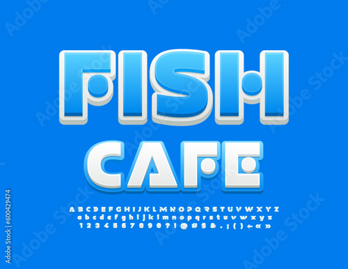 Vector modern emblem Fish Cafe. Unique White and Blue Font. Artistic style set of futuristic Alphabet Letters and Numbers