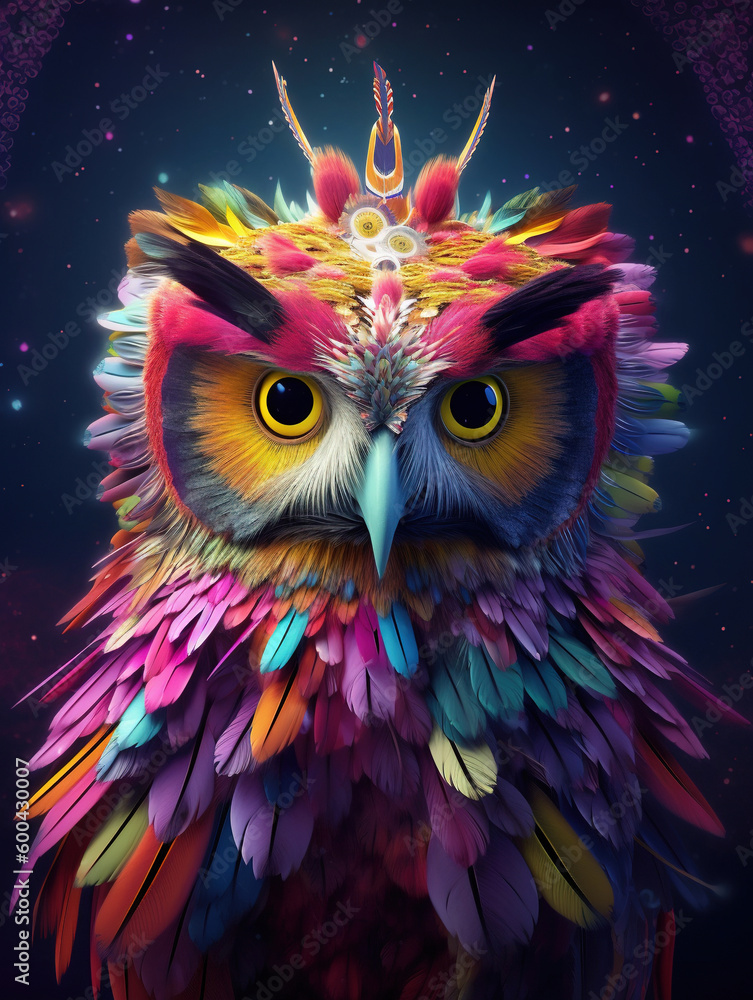 Owl psychedelic colour illustration with surreal feather. Generative AI. Owl psychedelic colour illustration with surreal feather. Generative AI.