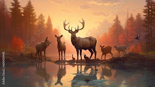 A herd of deers in the sunset. Generative AI © Mockup Station