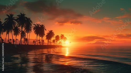A fiery sunset over a calm ocean with a silhouette of palm trees. Generative AI 