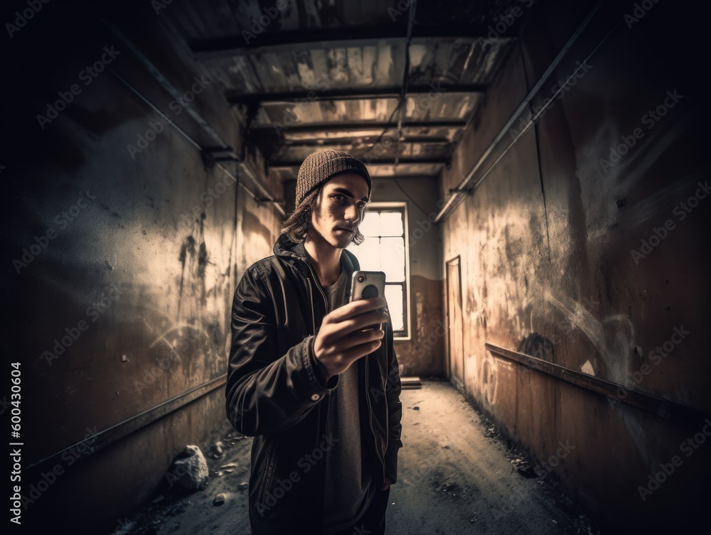 An edgy and urban portrait of a young man using his smartphone in a grungy environment. 