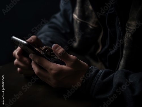 An artistic still life of a young man's hands holding a smartphone, with moody. Generative AI