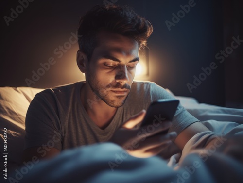 A serene and peaceful shot of a young man relaxing at home and using his smartphone. Generative AI