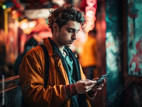 A creative portrait of a stylish man looking at his phone, with bold and vibrant colors, in a street photography style. Generative AI