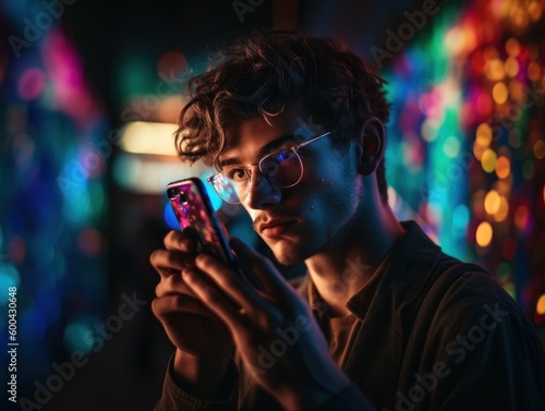 A creative portrait of a stylish man looking at his phone, with bold and vibrant colors, in a street photography style. Generative AI