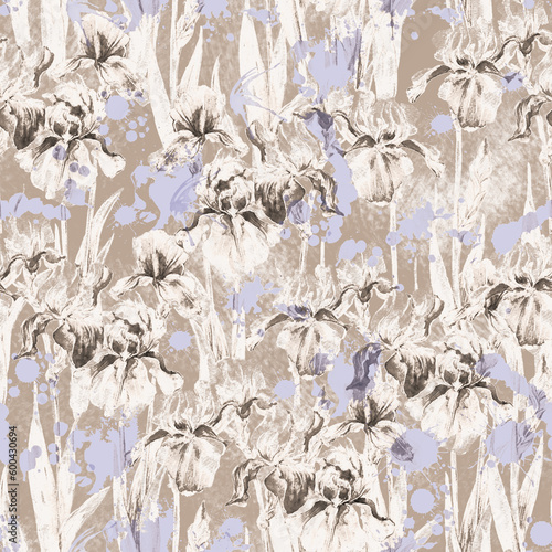 Summer meadow iris flowers watercolor monochrome seamless pattern on beige background