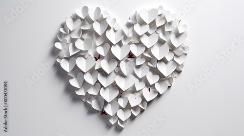 A close-up white background with heart-shaped paper cuttings. A valentines Day concept. Generative AI 