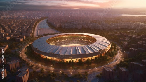 An aerial view of a beautifully designed modern football stadium with the surrounding city. Generative AI 