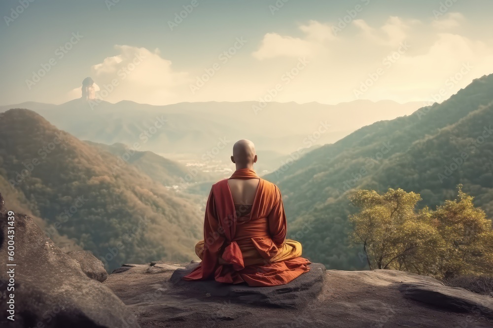 Yoga exercises a buddhist monk is meditating in the mountains. Beautiful illustration picture. Generative AI