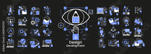 Concept illustration set. Collection of different design and development scenes and situations. Human hands with icons and images. Graphic and web design and development, social media, creative proces