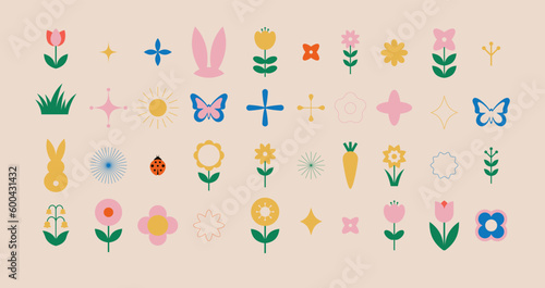 Spring flowers. Spring and Easter elemets collection. Retro vintage geometric style. Vector