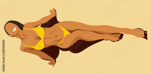 vector illustration on the theme of summer holidays. beautiful young tanned girl in a yellow swimsuit sunbathes on the beach. useful for advertising summer vacations, resorts, hotels, beaches, print
