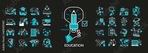 Concept illustration set. Collection of different education scenes and situations. Human hands with icons and images. Webinar, online teaching metaphors, remote education, digital school, 