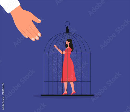 Woman in red dress stay in bird cage. Hand helping woman to escape. Freedom. Vector