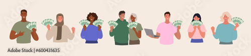 Happy people holding money. Cash. Dollars. Vector