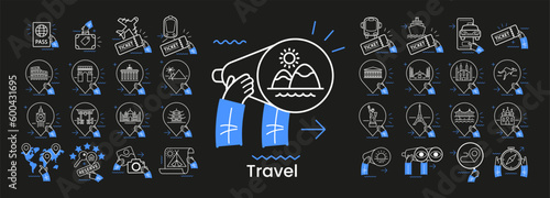 Set of conceptual travel icons. Attraction icons, transportation for travelling, hotel booking, vacation location search.