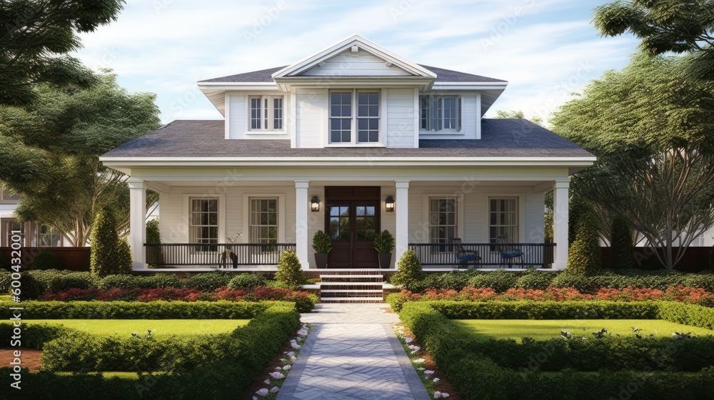 Fototapeta premium A house exterior with a well-manicured front lawn garden. Generative AI 