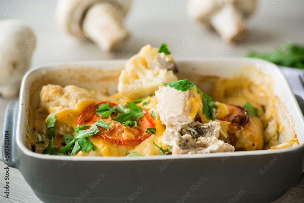 cauliflower baked with chicken fillet and mushrooms under cheese in a ceramic form cauliflower baked with chicken fillet and mushrooms under cheese in a ceramic form
