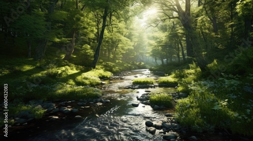 A lush stream in the forest. Generative AI 