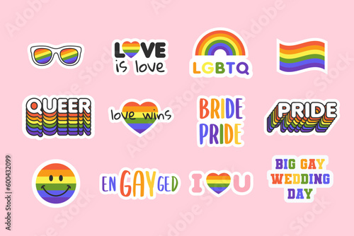 LGBT Queer gay pride stickers. LGBT pride colorful icons. Vector