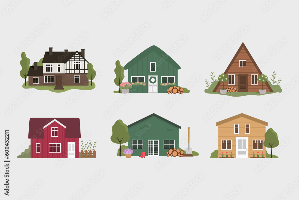 Cute houses. Summer spring garden. Cottage town home. Vector