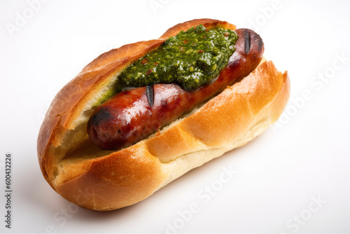 Choripan, grilled chorizo sausage served in a bread roll with chimichurri sauce, generative AI Argentinean food photo