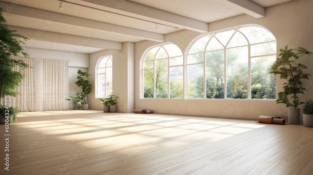 An aerial view of a modern yoga studio with soft natural light and minimal  decor. Generative AI Stock Photo