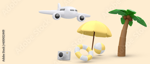 Time to travel concept poster in 3d realistic style with palm tree, airplane, bitch ball, lifebuoy, camera,umbrella .Vector illustration.