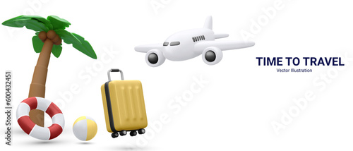 Time to travel concept poster in 3d realistic style with suitcase, palm tree, airplane, bitch ball, lifebuoy .Vector illustration