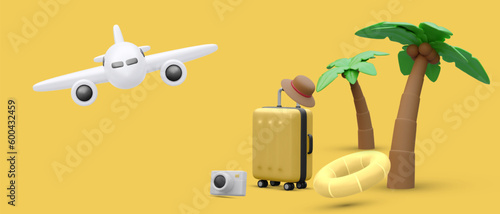 Time to travel concept poster in 3d realistic style with suitcase, palm tree, airplane, bitch ball, lifebuoy ,hat .Vector illustration.