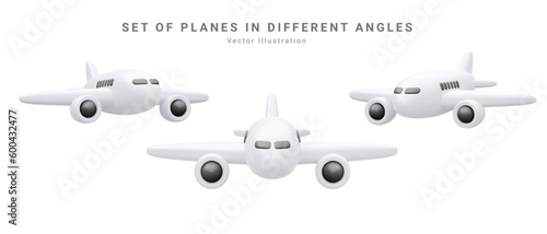 Set of 3d realistic render airplane isolated on white background. Vector illustration.
