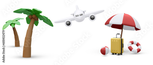 Time to travel concept poster in 3d realistic style with suitcase, palm tree, airplane, bitch ball, umbrella.Vector illustration