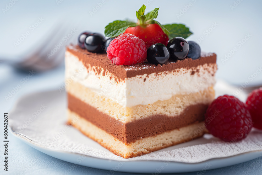 A close up of a piece of cake on a plate. AI generative. Generative AI A close up of a piece of cake on a plate. AI generative. Generative AI
