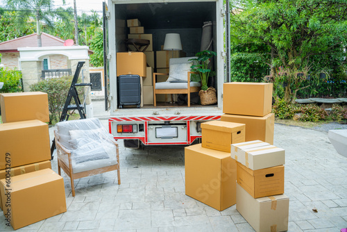 Photography Boxes waiting to be moved into a new home,New home,Moving house day and real estate concept