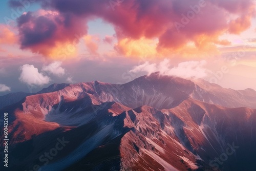 Vibrant mountain range and pink sky with clouds. Generative AI